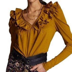 Anthropologie Ruffle Down V-Neck Top Cotton Holly Gold Blouse Women's XS